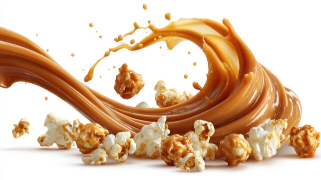Caramel popcorn splash isolated on white background advertising food product