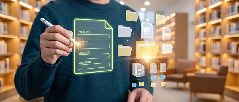 Digital document management and data organization concept, person interacting with holographic file system interface in library