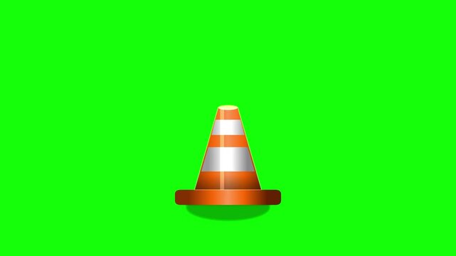 Orange and white striped traffic safety cone with glossy finish isolated on a vibrant green screen background, realistic 2D illustration for roadwork, construction, and hazard warning.