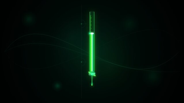 Glowing Emerald Neon Acrylic Chemical Burette in Dark Space with Abstract Motion Trails