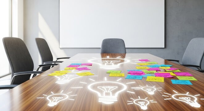 An empty modern meeting space with two chairs facing a wooden table featuring glowing lightbulb icons and colorful sticky note clusters, motivation, transformation, bright