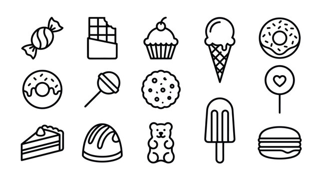 Sweet desserts and bakery food line icon set.