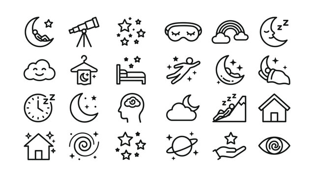 black and white line icons for sleep and dreams
