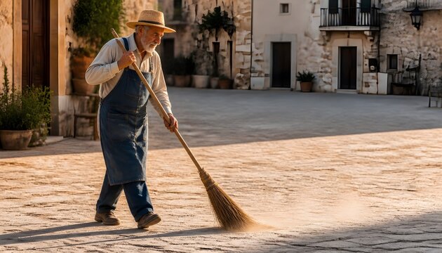 Elderly European Man Sweeping a Sunny Historic Town Square with a Traditional Straw Broom