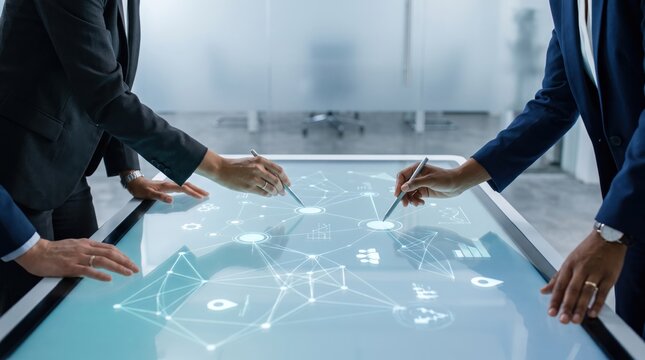 Business team collaborating on digital strategy using interactive smart table, network connection analysis, corporate planning meeting with executives discussing future growth