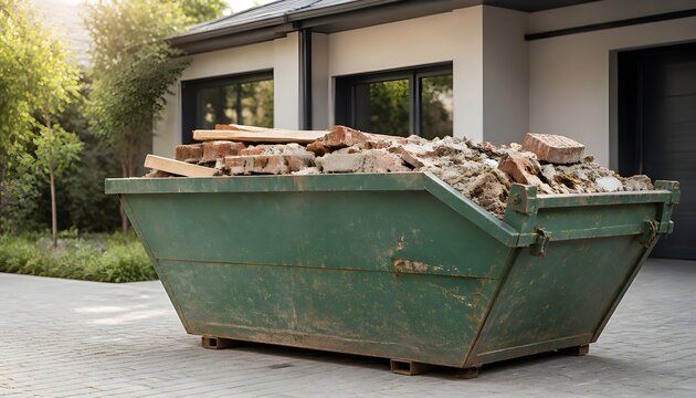 Green Construction Dumpster Filled with Rubble and Debris at a Modern Residential Property