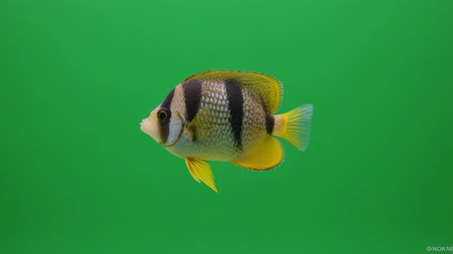 Striped yellow fish swimming in green water with subtle camera zoom effect for aquatic documentaries