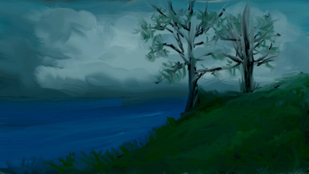 Moody lakeside landscape with trees under stormy sky, painted illustration
