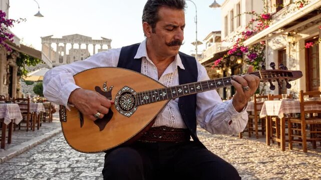 Man playing traditional Greek bouzouki instrument on cobblestone street