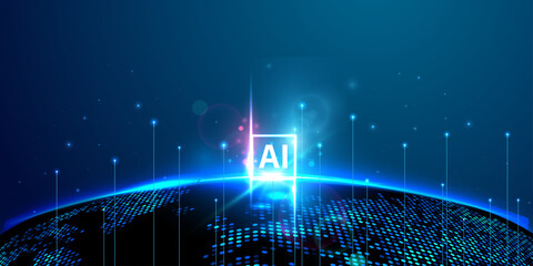 Global artificial intelligence network over digital world map with rising light beams. © Nahin