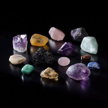 Assorted Raw Crystals and Minerals on Black Background