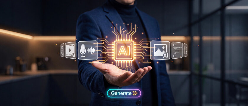 Businessman holding a glowing ai chip hologram with various media generation icons representing artificial intelligence technology