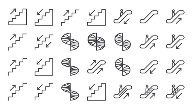 Stairs and escalator directional navigation line icons.