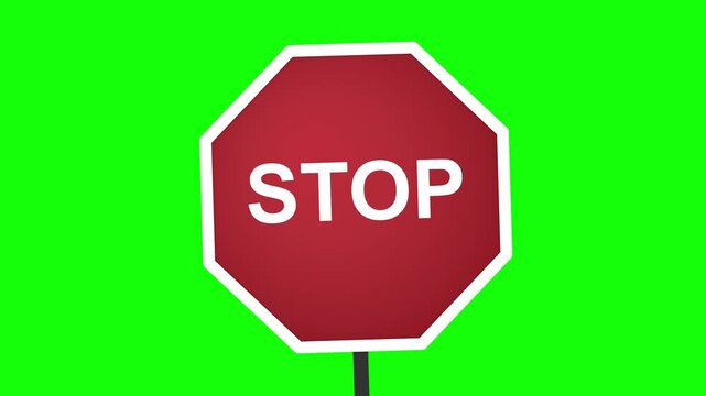 Standard red octagonal stop sign with white text and border isolated on a bright green chroma key background, 4K resolution graphic for traffic safety and road warning concepts.