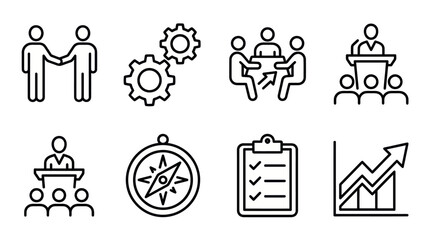 Fototapeta premium Strategic leadership and business teamwork large icon set.