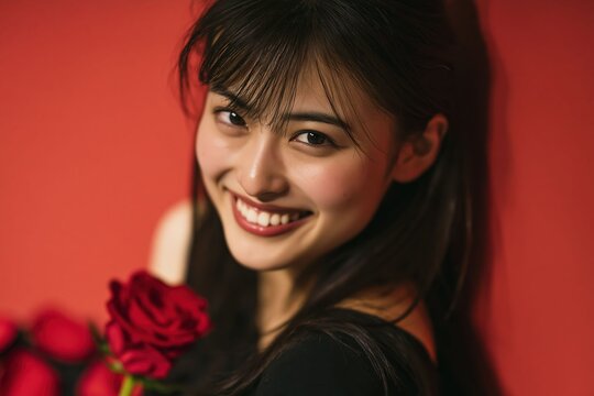Korean woman holding a red rose creates a romantic and elegant visual perfect for Valentine&rsquo;s Day, fashion, or floral-themed.