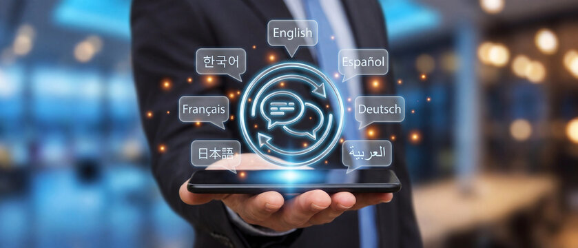 Businessman holding a smartphone with a digital translation interface, showcasing global communication and language translation technology