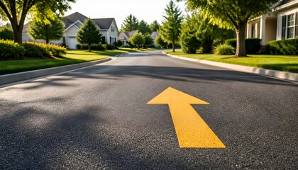 Obraz premium Yellow Directional Arrow Painted on Residential Road Leading Toward Suburban Houses