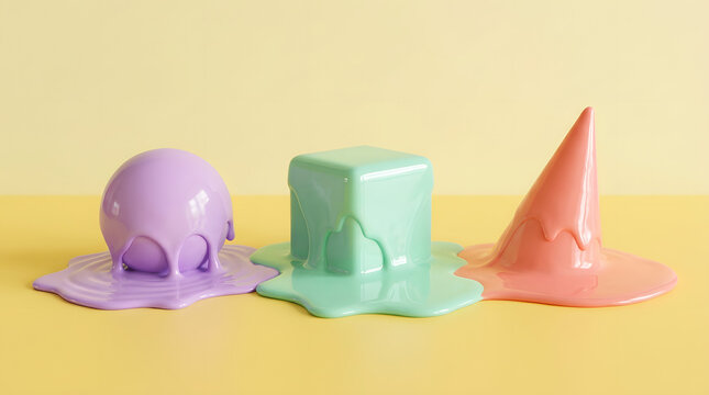 Pastel geometric shapes including sphere cube and cone melting with thick liquid glaze in a vibrant minimalist studio 3d render