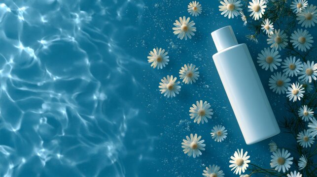 White skincare lotion bottle floating in blue water with daisies and spacious copy space