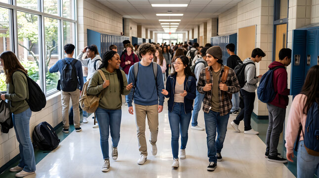 Diverse multi-ethnic group happy high school students walking talking busy crowded hallway lockers backpacks class change modern educational campus academy secondary youth learning social