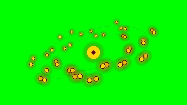 Abstract yellow spheres arranged in elliptical orbits on a vibrant green field