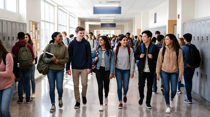 Fototapeta premium Large diverse multiracial group high school students walking school hallway wearing backpacks smiling talking together break time transition modern bright education facility campus interior view