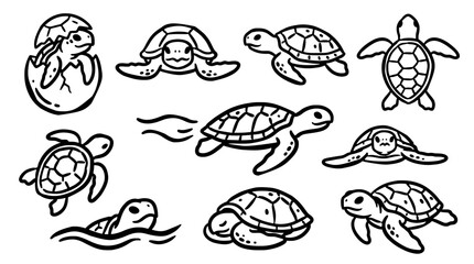Fototapeta premium Cute sea turtle character vector icon set