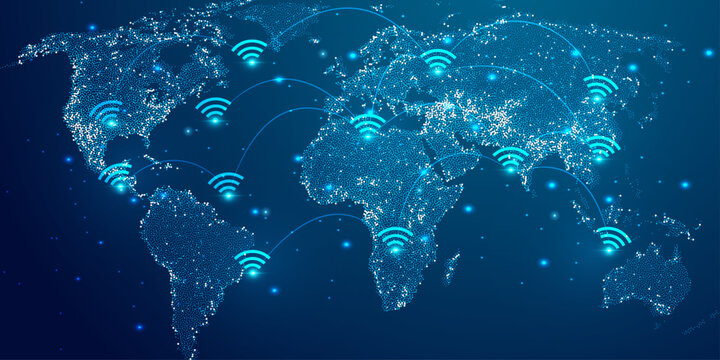 Digital global connectivity map with wireless signal icons and network links.