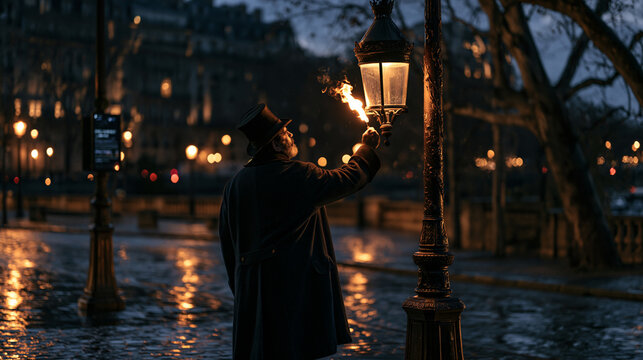 A lamplighter in period coat igniting a tall iron street lamp on a rain-slicked cobblestone boulevard at blue hour, delivery time pressure visible on a notification screen mounted anachronistically 