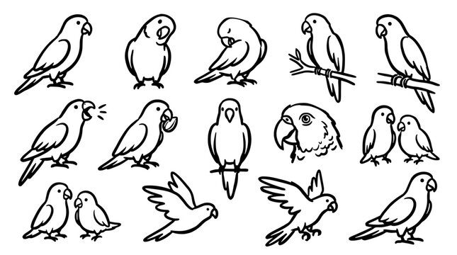 Set of cute green line art parrot icons