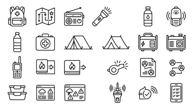 Emergency survival kit icons set, 24 outline disaster preparedness vector elements, camping and safety equipment line art for evacuation planning