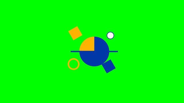 Abstract composition featuring a pie chart and geometric shapes on green