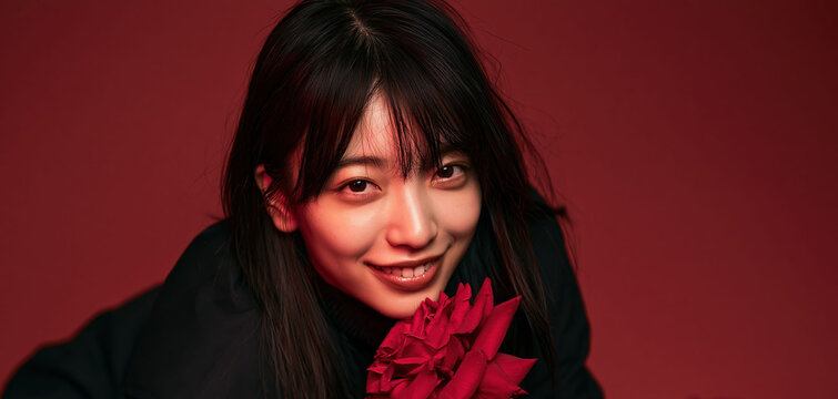 Korean woman holding a red rose creates a romantic and elegant visual perfect for Valentine&rsquo;s Day, fashion, or floral-themed.
