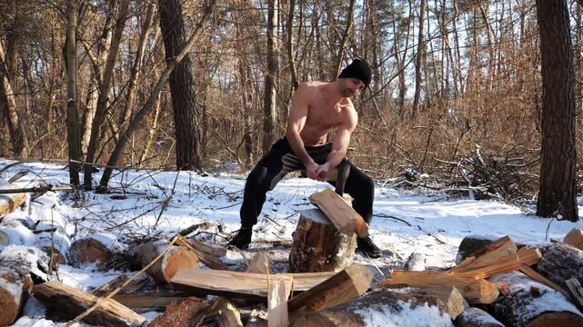 Shirtless strong man chopping firewood in a sunny winter forest. Muscular guy working with axe in snowy woodland. Concept of strength, masculine, energy and harmony with nature during cold season