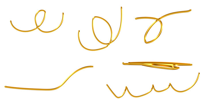 Collection of shiny gold metallic cursive swirls and decorative lines on a white background isolated on a transparent background