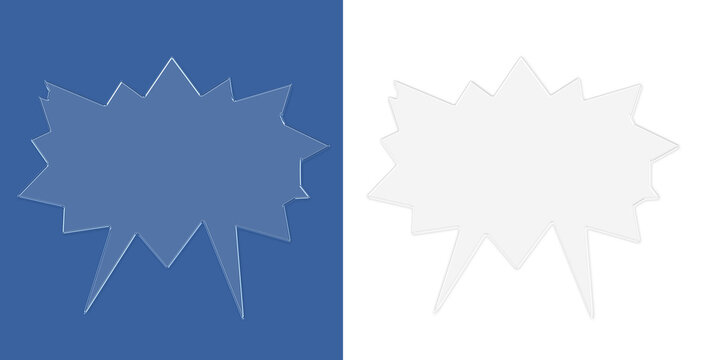 Explosive comic speech bubble with glassy blue effect and flat grey shape comparison isolated on a transparent background