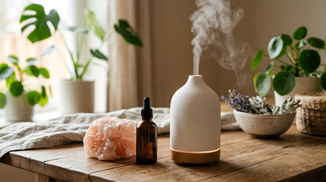 Modern white ceramic essential oil diffuser emitting fragrant steam beside amber glass dropper bottle and rough pink himalayan salt rock