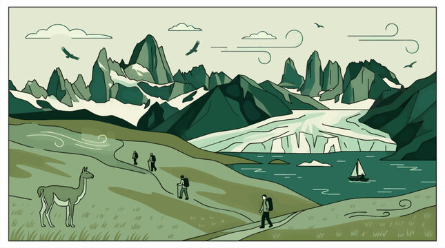 Retro Travel Poster Vector Illustration of Patagonia Landscape with Mountains, Glacier, Lake, Hikers, Guanaco, and Sailing Boat, Flat Design Style