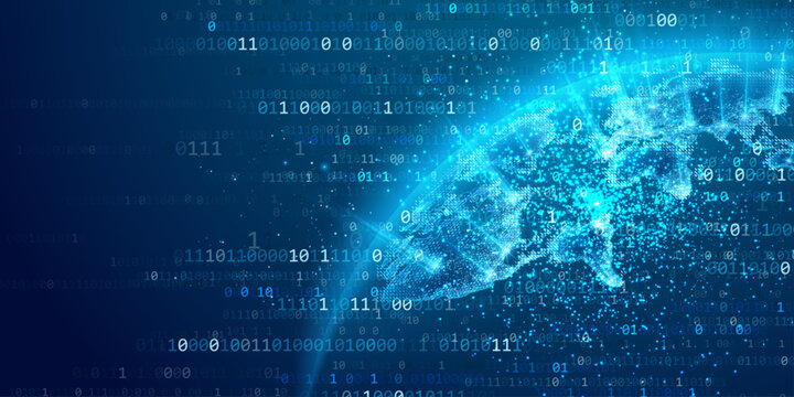 Binary code data stream over digital world map background representing information flow.