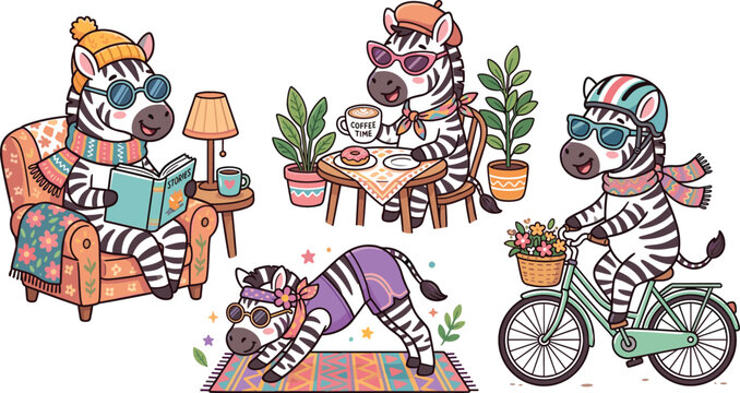 Cute zebra cartoon character lifestyle illustration set reading book drinking coffee doing yoga and riding bicycle isolated on white background for nursery sticker design