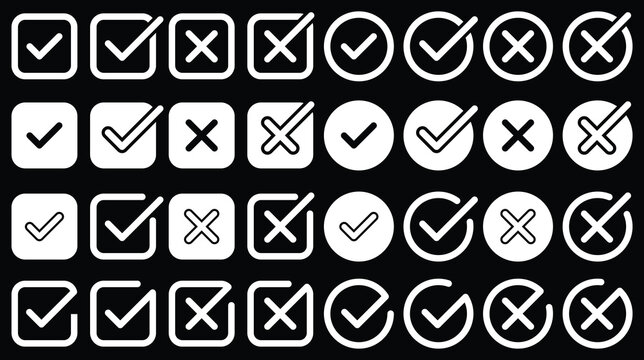 check mark and red x symbol for yes and no. Check box tick mark icon set button correct right wrong buttons or yes or no checkmark red cross green tick vector. Symbols for correct and incorrect. 
