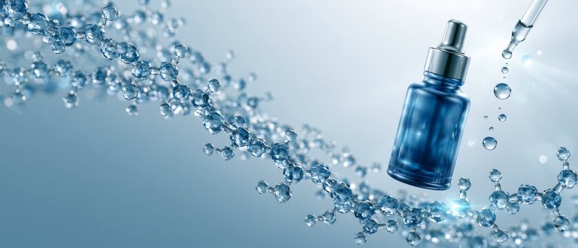 Blue skincare serum bottle with dropper and molecular chain on clean luminous background