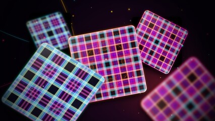 Obraz premium Glowing Neon Acrylic Tartan Plaid Floating in Dark Abstract Space with Sunset Gradient Illumination