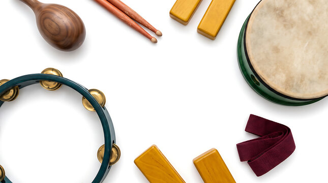 Collection of percussion instruments including a tambourine, maraca, drumsticks, and claves