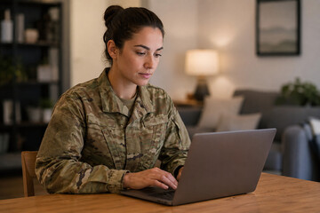 Focused female soldier in camouflage uniform working on laptop in a cozy home interior. Patriotic military woman using computer for remote work, education, or communication at home.