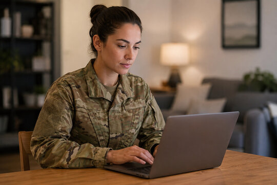 Focused female soldier in camouflage uniform working on laptop in a cozy home interior. Patriotic military woman using computer for remote work, education, or communication at home.