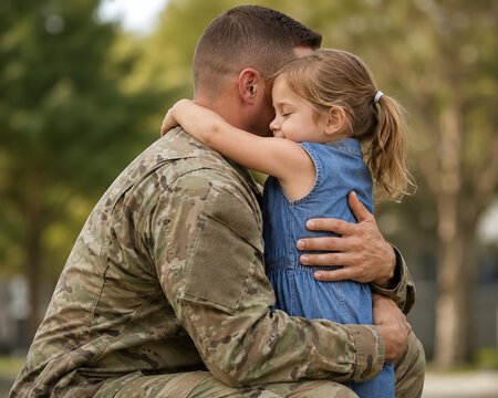 Emotional homecoming of a military father in camouflage uniform hugging his young daughter. Patriotic family reunion, veteran service, and bonding concept in an outdoor park.
