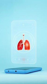 Doctor uses smartphone for lung diagnosis, showing anatomical lungs. Innovative medical technology for early detection of lung diseases. Light blue background.