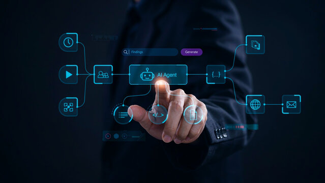 AI agent interacting with digital interface for data analysis and task generation.